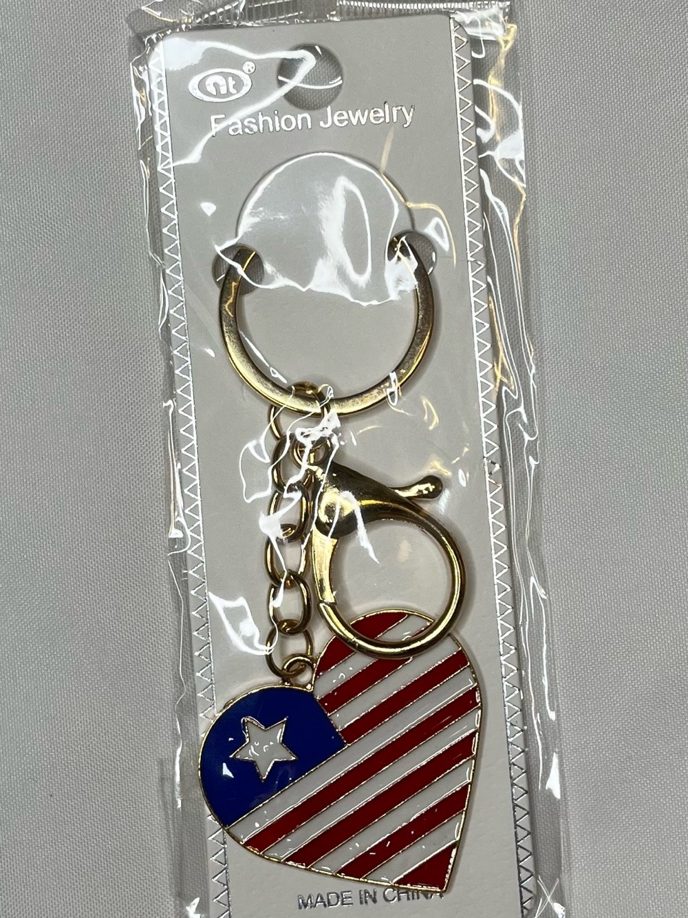 Gold-Tone Patriotic Bag Charm Heart Keychain - Red, White & Blue